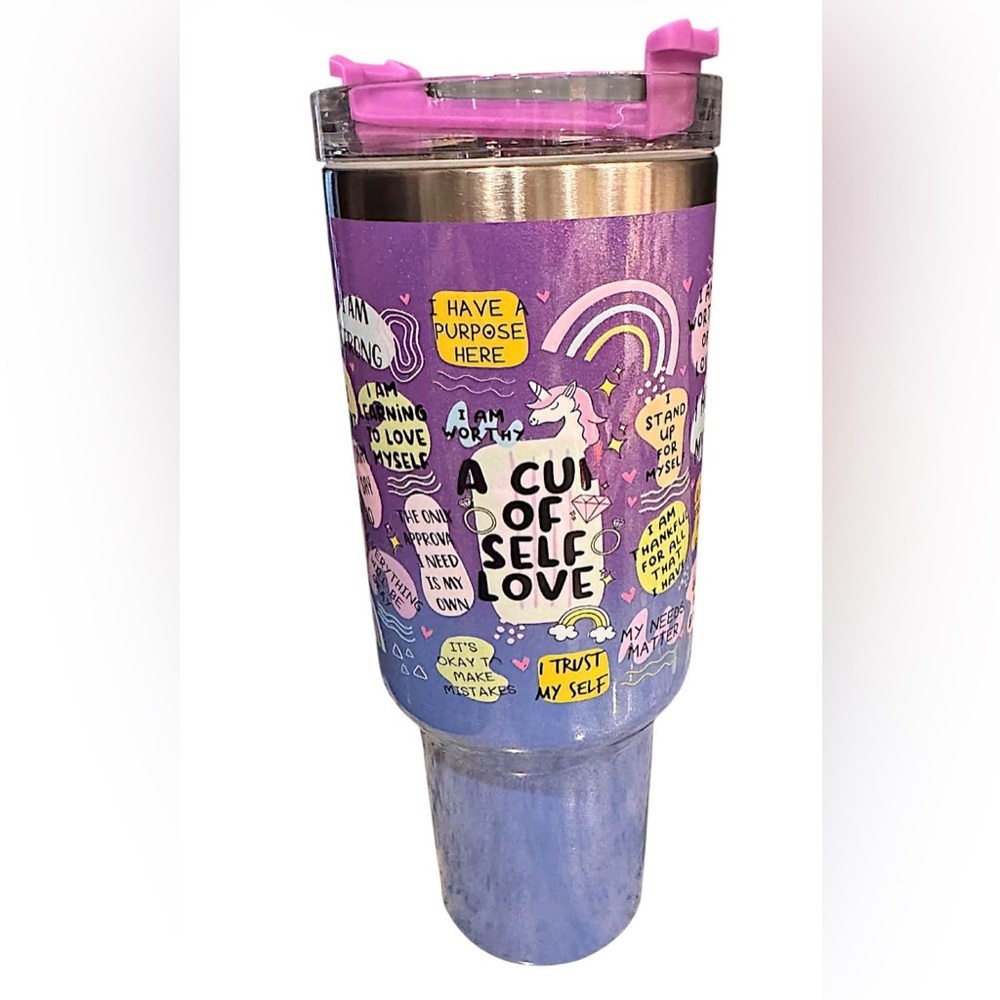 Self love affirmations Purple and Pink Motivational Tumbler NEW IN BOX W STRAW